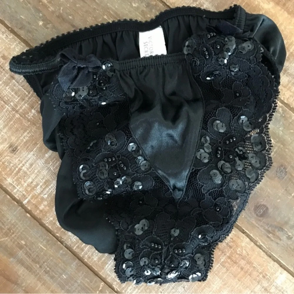 Vintage 90’s Victoria’s Secret Sequin and Beaded Satin Black String Bikini CTRR‎